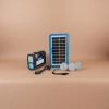 Blue-framed solar panel, black portable lamp with three LED bulbs and charging cable Specification image